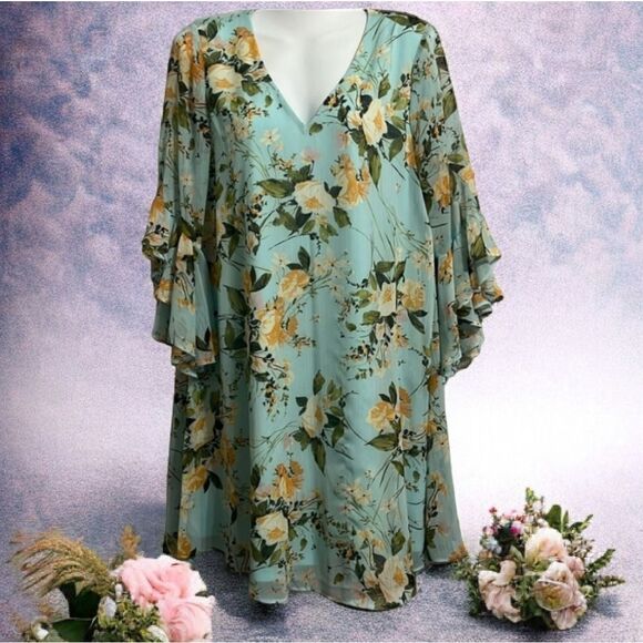 Calvin Klein Women's Mint Floral Ruffled Bell-Sleeve Chiffon Shift Dress Work - Picture 5 of 10